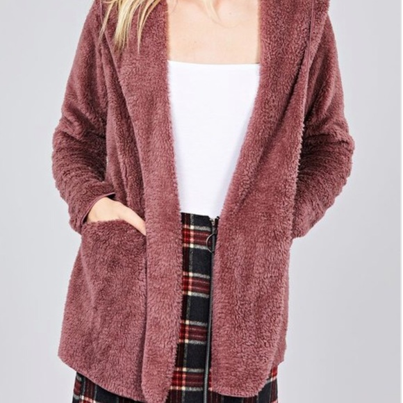 Burgundy OPEN FRONT FAUX FUR JACKET- Hoodie - Picture 3 of 4